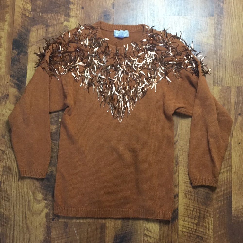 VINTAGE BURNT ORANGE WESTERN COWBOY SEQUIN PULLOVER SWEATER KNIT RAMIE COTTON